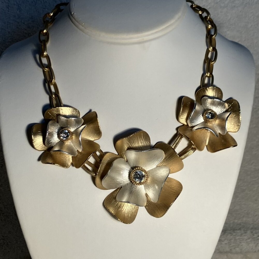 'Adele'  Sculptural floral Necklace brushed Silver and gold tone floral